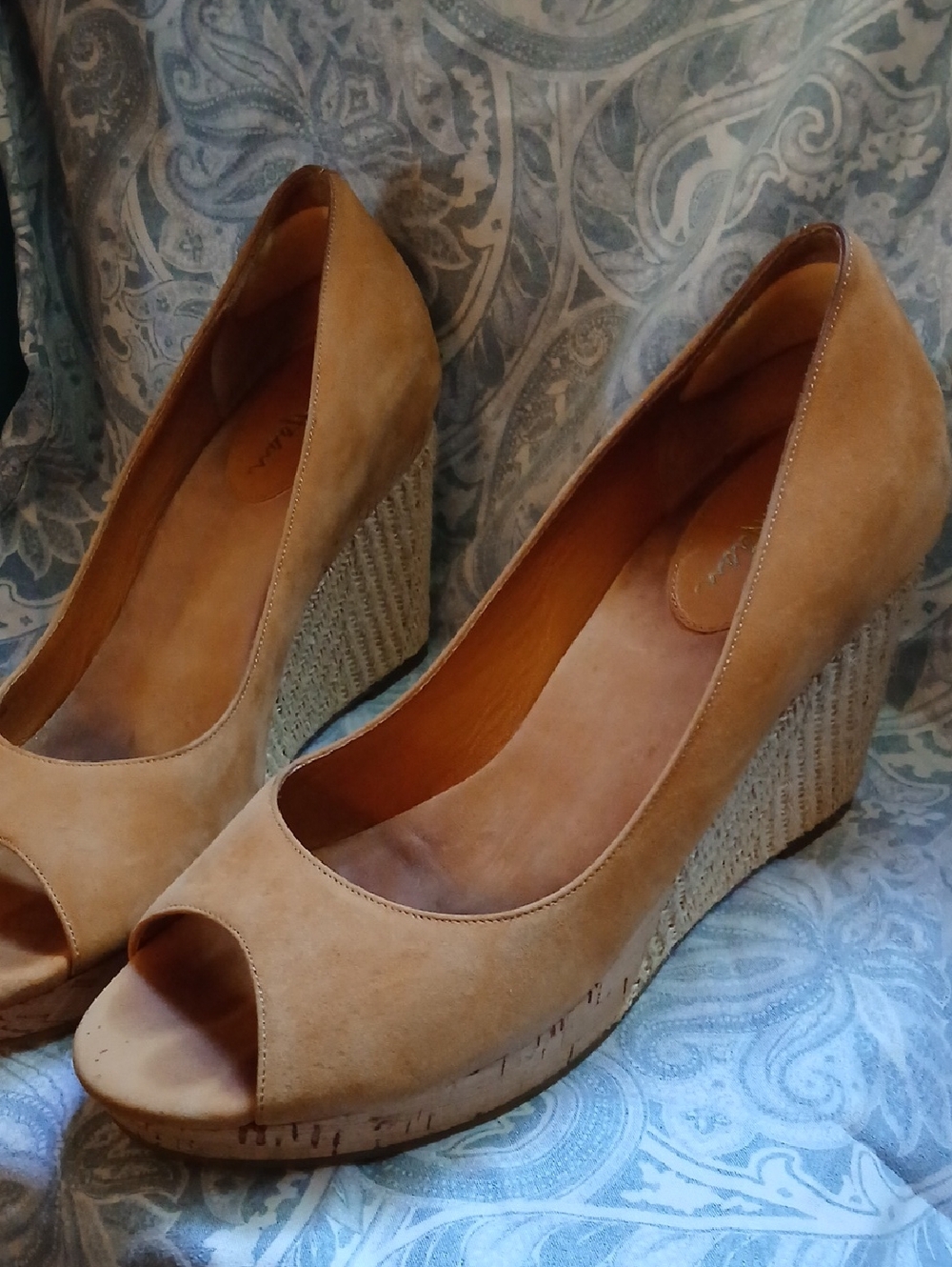 Cole Haan Tan Suede Peep-Toe Wedge Pumps